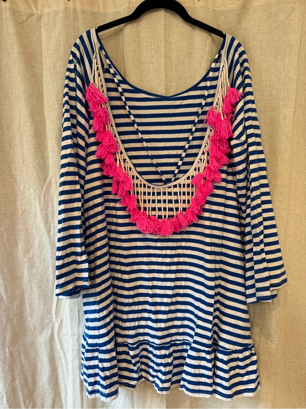 SUNDRESS oversized Striped Blue & White Tunic with Hot Pink Tassel Trim